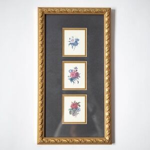 Vintage Triptych Miniature Floral Botanical Prints Gold Framed & Matted